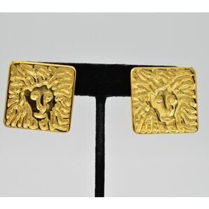 Anne Klein Vintage Lion Earrings Square Gold Face Chunky Plate Unsigned 1980s 9H